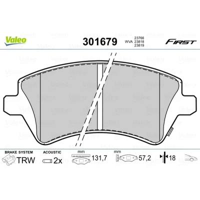 Bilde av VALEO 301679 Bremseklosser FIRST framaksel inkl. slitasjevarselkontakt uten antiskrike blikk TOYOTA: Corolla IX Hatchback, Station Wagon