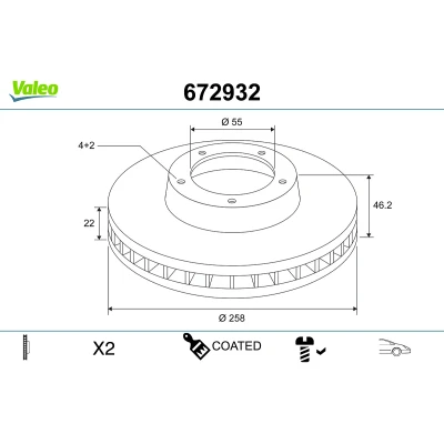 Bilde av VALEO Bremseskive TOYOTA: Yaris III Hatchback, II Hatchback framaksel 258mm 22mm 4 hull ventilert belagt 672932 435120D060,435120D060000