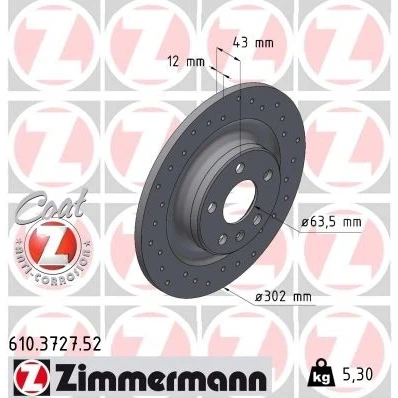 Bilde av ZIMMERMANN 610.3727.52 Bremseskiver 302 12 6/5 5 108 fullt ut, hullet belagt VOLVO: V90 II Stasjonsvogn, XC60 II, S90