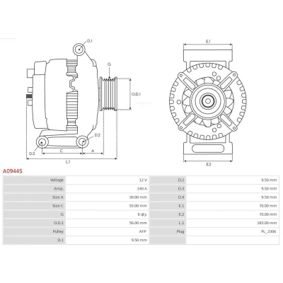 Bilde av Dynamo 12V 140A As pl A0944S audi, cupra, seat, skoda, vw OE 06K903026B, 06K903026BX, 06K903026L