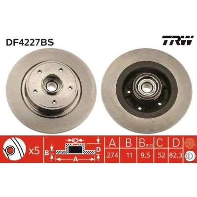Bilde av TRW DF4227BS Bremseskiver 274 11 5 108 fullt ut med ABS senorring, hjullager RENAULT: LAGUNA 2 Grandtour, GRAND SCENIC