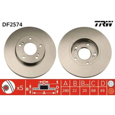 Bilde av TRW DF2574 Bremseskiver 280 22 5 114,3 ventilert spraylakkert
