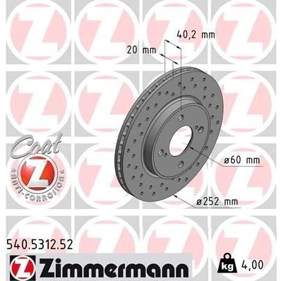 Bilde av ZIMMERMANN SPORT COAT Z 540.5312.52 Bremseskiver 252 20 6/4 4 100 innvendig ventilert, hullet belagt