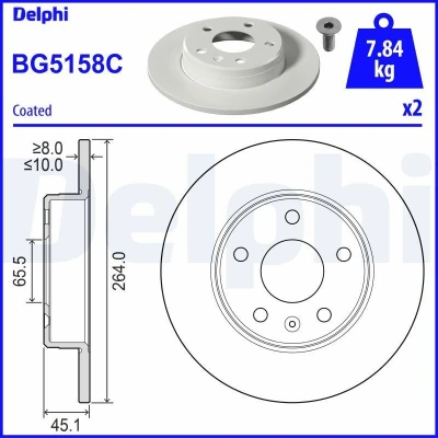 Bilde av DELPHI BG5158C Bremseskiver 264 10 5 fullt ut belagt ubehandlet uten hjullager, ABS sensorring OPEL: Zafira B