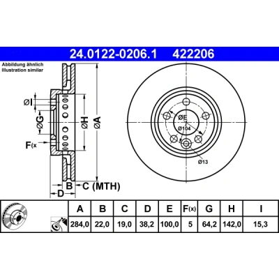 Bilde av ATE 24.0122 0206.1 Bremseskiver 284,0 22,0 5 100,0 ventilert belagt ROVER: 75