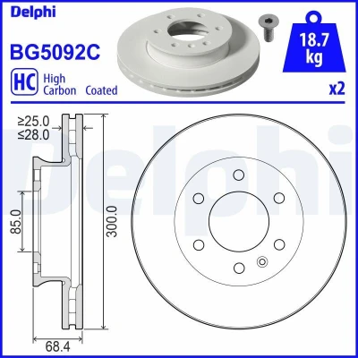 Bilde av DELPHI BG5092C Bremseskiver 300 28 6 ventilert belagt høy karbon uten hjullager, ABS sensorring