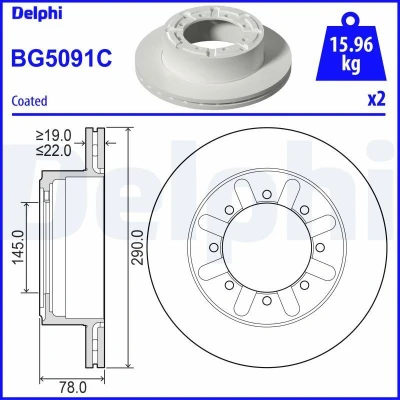 Bilde av DELPHI BG5091C Bremseskiver 290 22 8 ventilert belagt ubehandlet uten hjullager, ABS sensorring, lager RENAULT TRUCKS: Maxity