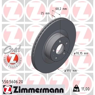 Bilde av ZIMMERMANN Bremseskive TESLA: Model Y 355mm 25mm 10/5 5 hull 114mm innvendig ventilert belagt høy karbon 550.5606.20 118861100A Bremseskiver