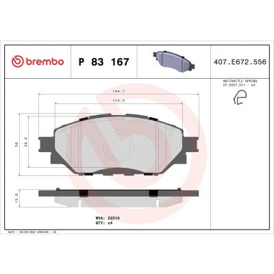Bilde av BREMBO P 83 167 Bremseklosser med akustisk slitasjevarsel antihyle blikk uten tilbehør TOYOTA: Hilux VIII Pick up