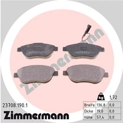 Bilde av ZIMMERMANN 23708.190.1 Bremseklosser inkl. slitasjevarselkontakt Bildet viser leveranseinnholdet FIAT: Doblo II Varebil / Stasjonsvogn, BRAVO 2