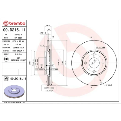 Bilde av BREMBO 09.D216.11 Bremseskiver 278 25 4 innvendig ventilert belagt FORD: Ecosport Mk2