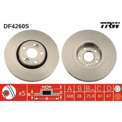 Bilde av TRW Bremseskive RENAULT: ESPACE 4, LAGUNA 2 Grandtour 28mm 5 108mm ventilert spraylakkert DF4260S 7701207378,8200177023,8200242317,8200570677