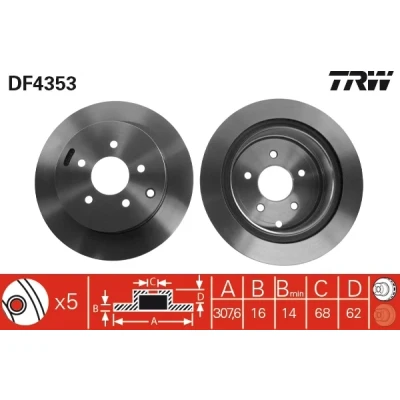 Bilde av TRW DF4353 Bremseskiver 308 16 5 114,3 ventilert spraylakkert NISSAN: Murano II