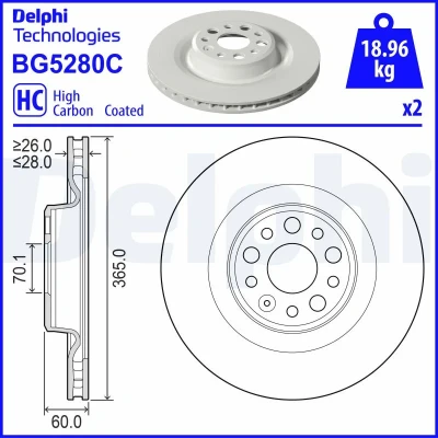 Bilde av DELPHI Bremseskive TESLA: Model S, X 365mm 28mm 5 ventilert BG5280C Bremseskiver, Skivebremser