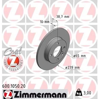 Bilde av ZIMMERMANN COAT Z 600.1050.20 Bremseskiver 239 10 5/4 4 100 fullt ut belagt VOLKSWAGEN: GOLF 2, 1, Passat B3/B4 Stasjonsvogn, AUDI: 80 B1 Sedan