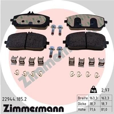 Bilde av ZIMMERMANN 22944.185.2 Bremseklosser klargjort for slitasjeindikator med skruer Bildet viser leveranseinnholdet, glideplate