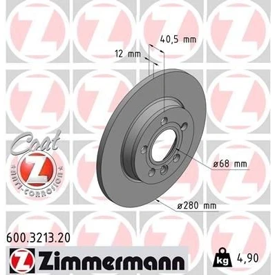 Bilde av ZIMMERMANN Bremseskive VOLKSWAGEN: Transporter 4 Bus, 4, COAT Z 280mm 12mm 6/5 5 hull 112mm fullt ut belagt 600.3213.20