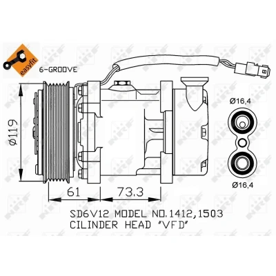 Bilde av NRF EASY FIT 32275 Kompressor SD6V12 12 PAG 46 med kompressorlje, tetningsring