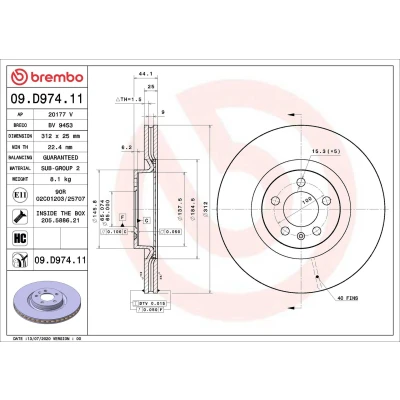 Bilde av BREMBO 09.D974.11 Bremseskiver 312 25 5 innvendig ventilert belagt høy karbon med skruer