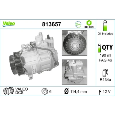Bilde av VALEO 813657 Kompressor DCS 12 PAG 46 R 134a med kompressorlje REMANUFACTURED MERCEDES BENZ: E Klasse Sedan, C Viano