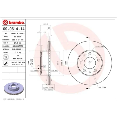 Bilde av BREMBO 09.9614.14 Bremseskiver 280 24 5 innvendig ventilert med skruer