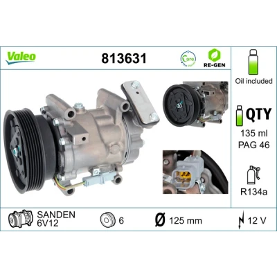 Bilde av VALEO 813631 Kompressor 6V12 12 PAG 46 R 134a med kompressorlje REMANUFACTURED NISSAN: Qashqai / Qashqai+2 I, Note I