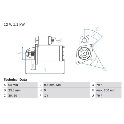 Bilde av BOSCH 0 986 021 240 Starter 12 1,1 9 OPEL: Combo C Varebil / Stasjonsvogn, Astra J Hatchback, Corsa D SUZUKI: SWIFT 3
