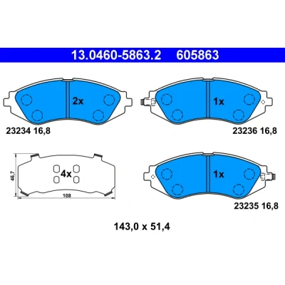 Bilde av ATE 13.0460 5863.2 Bremseklosser med akustisk slitasjevarsel antihyle blikk CHEVROLET: Nubira Stasjonsvogn, Lacetti Sedan, Sedan