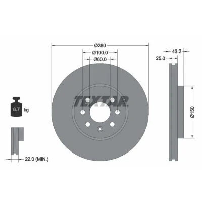 Bilde av TEXTAR PRO 92129303 Bremseskiver 280 25 04/07 100 innvendig ventilert belagt uten hjulfestebolt, hjulnav OPEL: Astra H Caravan, GTC