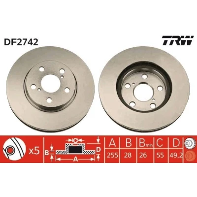 Bilde av TRW DF2742 Bremseskiver 255 28 5 100 ventilert spraylakkert TOYOTA: Carina E Hatchback, 2 Limousine, Sedan