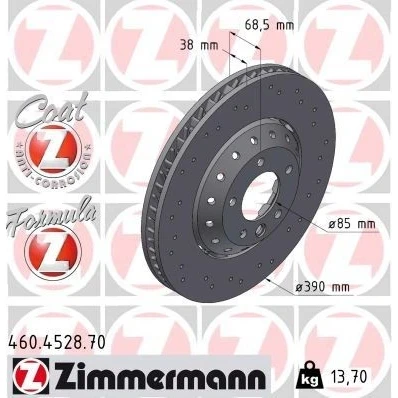 Bilde av ZIMMERMANN 460.4528.70 Bremseskiver 390 38 6/5 5 130 ventilert, hullet, todelt bremseskive belagt legert / høykull PORSCHE: Cayenne
