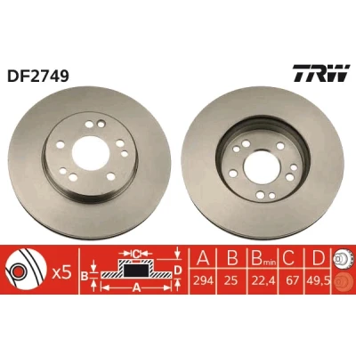 Bilde av TRW DF2749 Bremseskiver 294 25 5 112 ventilert spraylakkert MERCEDES BENZ: W124 Sedan, E Klasse T modell, Coupé