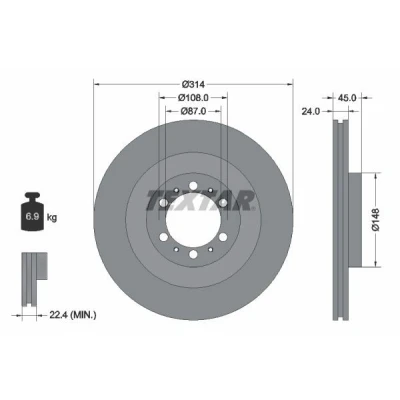 Bilde av TEXTAR PRO 92144803 Bremseskiver 314 24 06/10 108 innvendig ventilert belagt uten hjulfestebolt, hjulnav MITSUBISHI: L200 / Triton IV Pick up