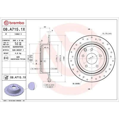 Bilde av BREMBO Bremseskive NISSAN: Qashqai / Qashqai+2 I, NV200 Evalia Minibuss, Varebil Stasjonsvogn 292mm 9mm 5 fullt ut, hullet 08.A715.1X