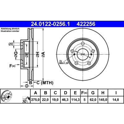 Bilde av ATE 24.0122 0256.1 Bremseskiver 275,0 22,0 5 114,3 ventilert belagt TOYOTA: Auris Hatchback, Corolla X Sedan, XI Sedan