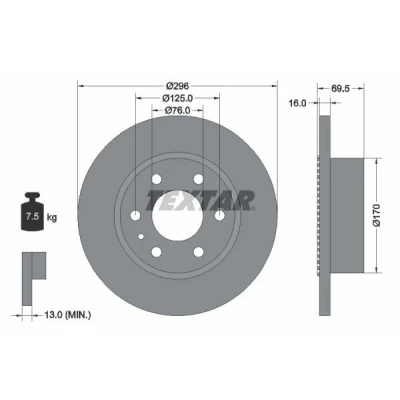 Bilde av TEXTAR 93177500 Bremseskiver 296 16 06/07 125 fullt ut med ABS senorring, uten hjulfestebolt, hjulnav IVECO: Daily V Varebil / Stasjonsvogn