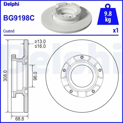 Bilde av DELPHI BG9198C Bremseskiver 308 16 5 fullt ut belagt ubehandlet uten hjullager, med ABS senorring FORD: Transit V363 Van, Custom V362 Minibuss