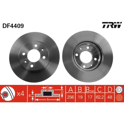 Bilde av TRW DF4409 Bremseskiver 256 19 4 100 ventilert spraylakkert HYUNDAI: Getz