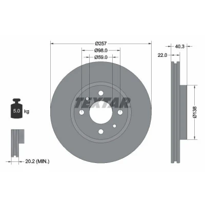 Bilde av TEXTAR PRO 92069603 Bremseskiver 257 22 04/06 98 innvendig ventilert belagt uten hjulfestebolt, hjulnav FIAT: 500 Hatchback, BRAVO 2