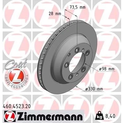 Bilde av ZIMMERMANN 460.4523.20 Bremseskiver 330 28 8/5 5 130 innvendig ventilert belagt høy karbon