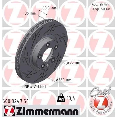 Bilde av ZIMMERMANN 600.3247.54 Bremseskiver 360 36 6/5 5 130 innvendig ventilert, med sliss belagt høy karbon PORSCHE: Cayenne, VOLKSWAGEN: Touareg II