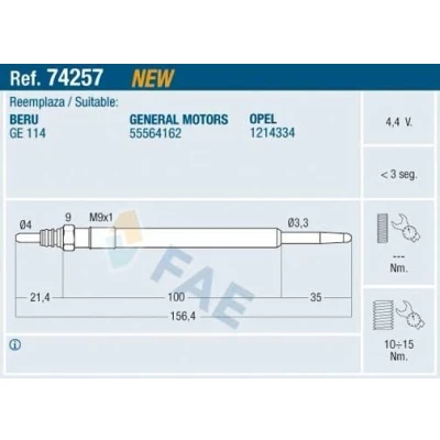 Bilde av FAE 74257 Glødeplugg 4,4V M 9x1 OPEL: Insignia A Hatchback, Astra J Sedan