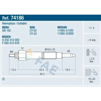 Bilde av FAE 74186 Glødeplugg 11V M 10x1.25