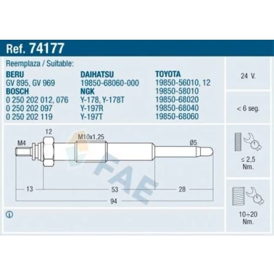 Bilde av FAE 74177 Glødeplugg 24V M 10x1.25 TOYOTA: Land Cruiser 60