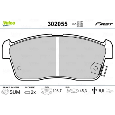 Bilde av VALEO 302055 Bremseklosser FIRST framaksel inkl. slitasjevarselkontakt uten antiskrike blikk SUZUKI: IGNIS I, 2, SUBARU: JUSTY 4