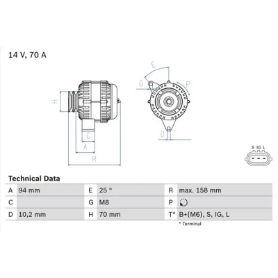 Bilde av BOSCH 0 986 045 891 Dynamo 14V 70A TOYOTA: Land Cruiser Prado 90, HILUX 6 Pick up, 5 up
