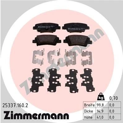 Bilde av ZIMMERMANN 25337.160.2 Bremseklosser med akustisk slitasjevarsel Bildet viser leveranseinnholdet, fjær KIA: SOUL 2, RIO 3, Niro, HYUNDAI: Ioniq
