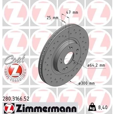 Bilde av ZIMMERMANN SPORT COAT Z 280.3166.52 Bremseskiver 300 25 9/5 5 114 innvendig ventilert, hullet belagt HONDA: Accord 7 Limousine, Tourer
