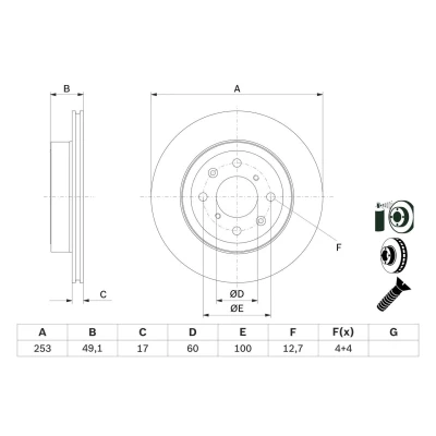 Bilde av BOSCH 0 986 479 E75 Bremseskiver 253 17 4 100 ventilert belagt med skruer SUZUKI: IGNIS 2, SUBARU: JUSTY 3