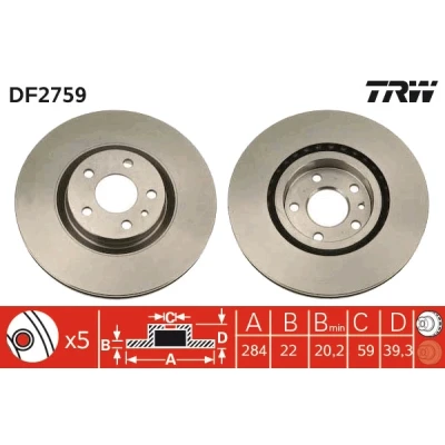 Bilde av TRW DF2759 Bremseskiver 284 22 5 98 ventilert spraylakkert ALFA ROMEO: Spider
